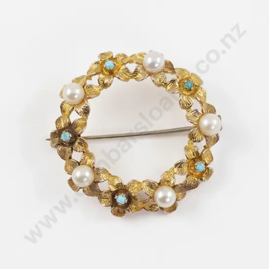 Victorian 9ct Cultured Pearl and Turquoise Circular Brooch
