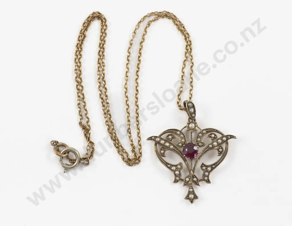 Victorian 9ct Garnet and Seed Pearl Shield Pendant Image 1++