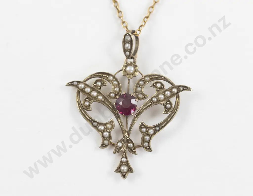 Victorian 9ct Garnet and Seed Pearl Shield Pendant Image 1++