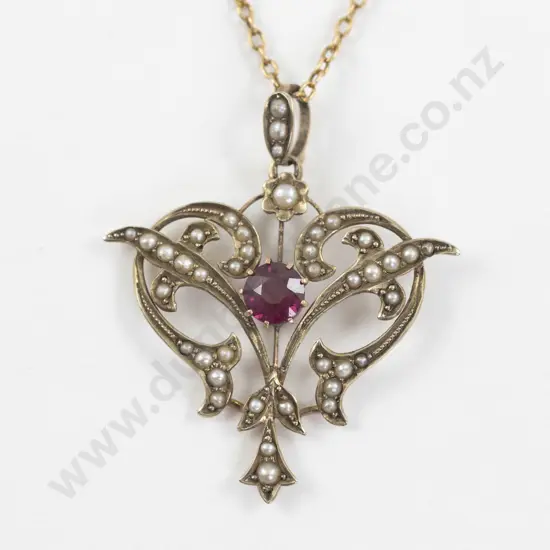 Victorian 9ct Garnet and Seed Pearl Shield Pendant