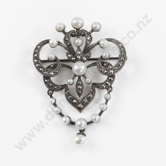 Antique S/S Marcasite and Cultured Pearl Brooch/Pendant