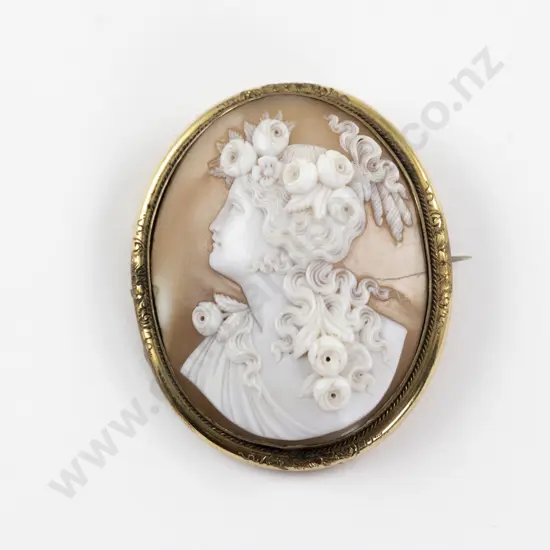 Gold Plated Framed Classical Portrait Cameo Brooch