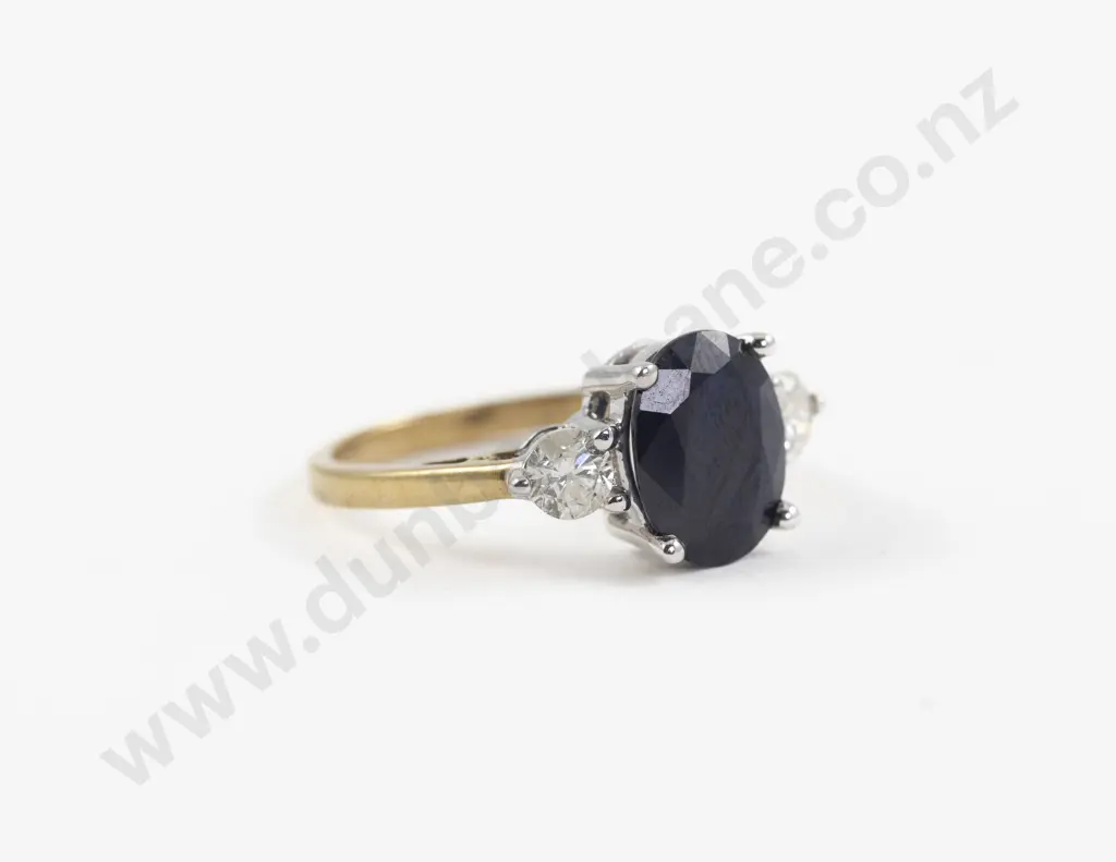 9ct Three Stone Sapphire and Diamond Ring Image 1++