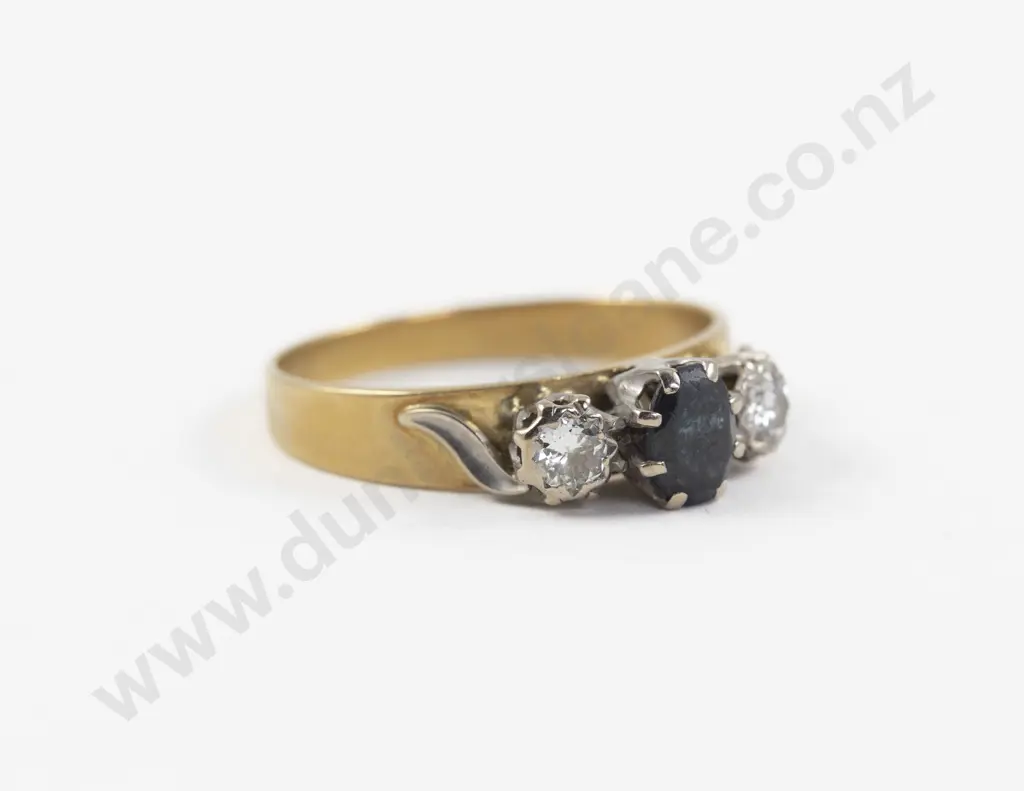 18ct Three Stone Sapphire and Diamond Bridge Ring Image 1++