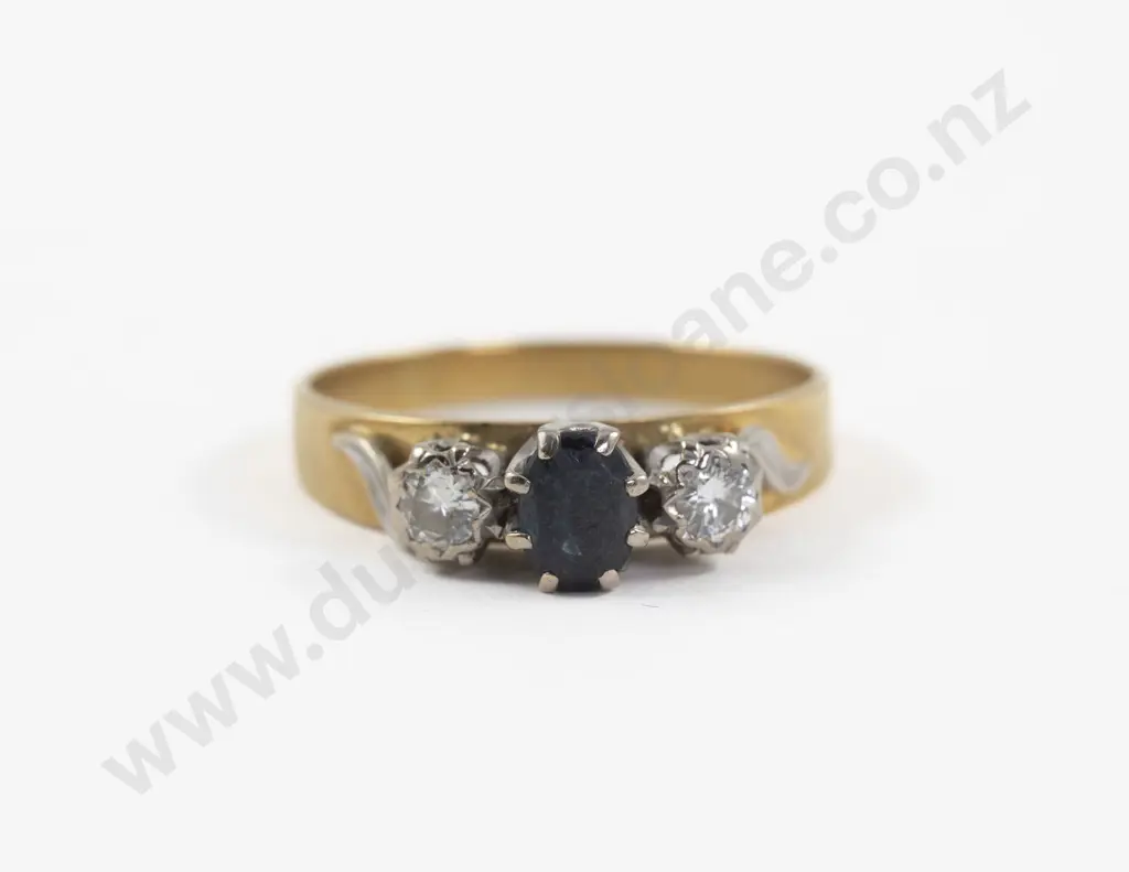 18ct Three Stone Sapphire and Diamond Bridge Ring Image 1++