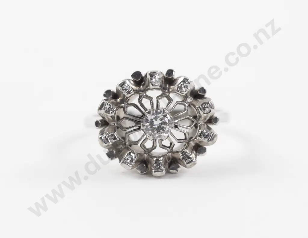 18ct White Gold Eleven Stone Diamond Floret Cluster Ring Image 1++
