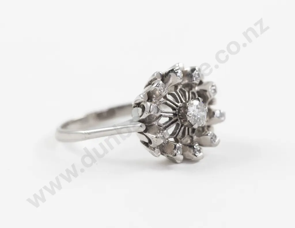 18ct White Gold Eleven Stone Diamond Floret Cluster Ring Image 1++