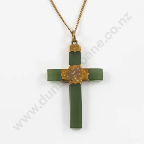 NZ Colonial Gold Mounted Greenstone Cross