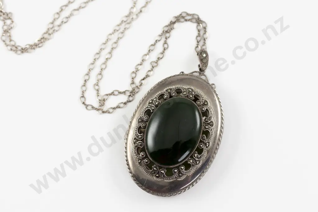 S/S and Marcasite Oval Panel Greenstone Photo Locket Image 1++