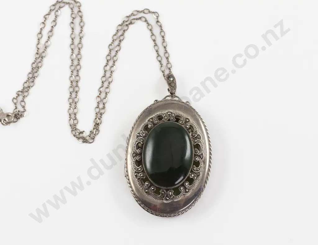 S/S and Marcasite Oval Panel Greenstone Photo Locket Image 1++