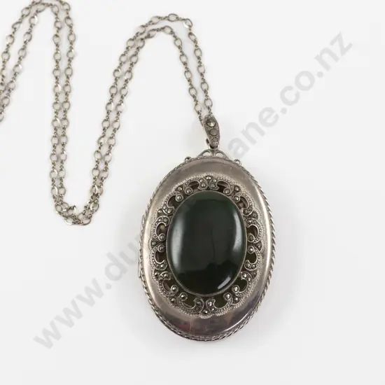 S/S and Marcasite Oval Panel Greenstone Photo Locket