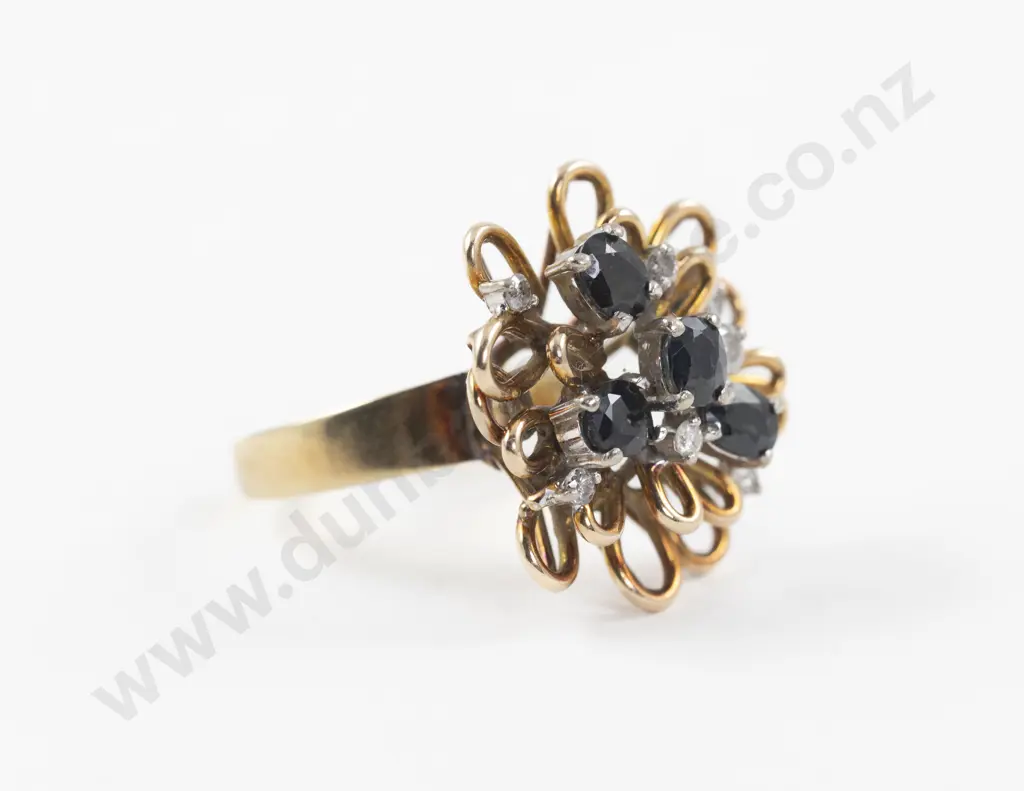 14ct Eleven Stone Diamond and Sapphire Floral Cluster Ring Image 1++