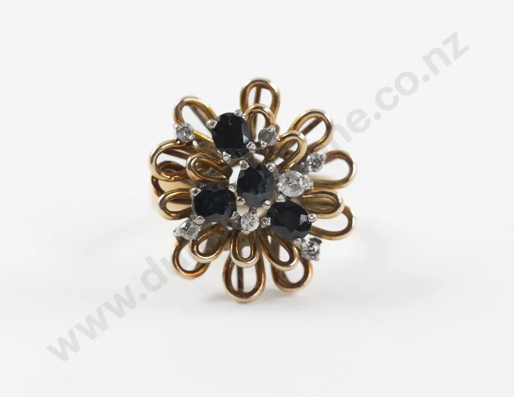 14ct Eleven Stone Diamond and Sapphire Floral Cluster Ring Image 1++