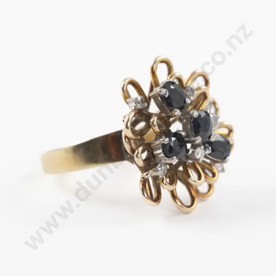 14ct Eleven Stone Diamond and Sapphire Floral Cluster Ring