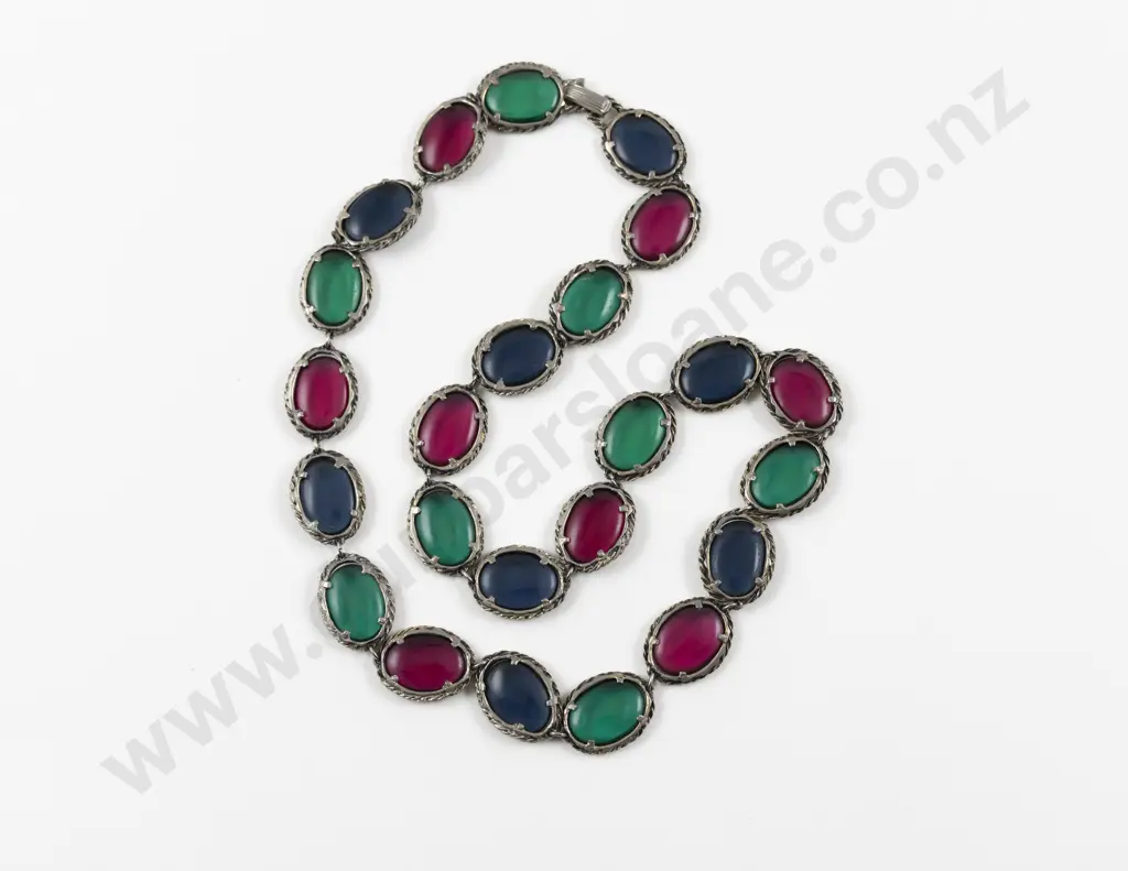 Vintage Trifari Renaissance Tri-Colour Glass Stone Necklace Image 1++