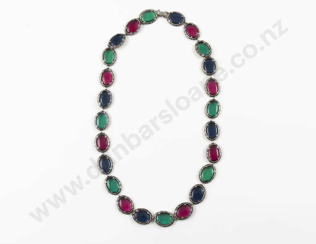 Vintage Trifari Renaissance Tri-Colour Glass Stone Necklace Image 1++