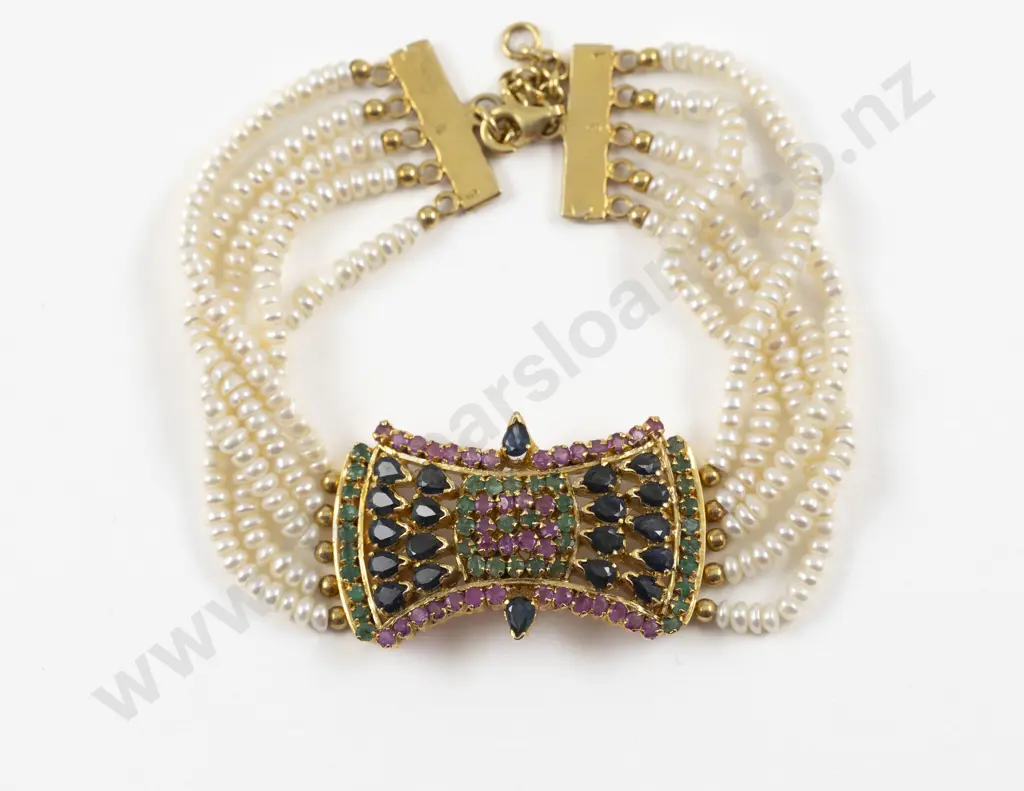 Turkish Silver Gilt Imitation Ruby Sapphire and Emerald Seed Pearl Bracelet Image 1++