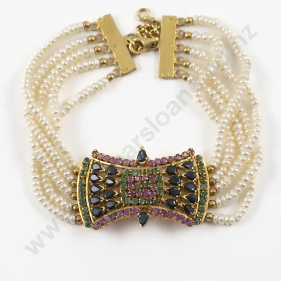 Turkish Silver Gilt Imitation Ruby Sapphire and Emerald Seed Pearl Bracelet