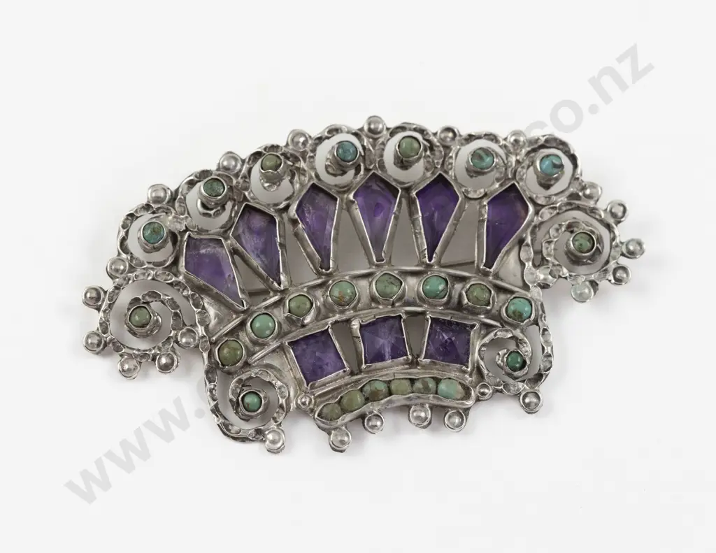 Mexican Jeweller Matilde Poulat Vintage .925 Sterling Silver Amethyst and Turquoise Brooch Image 1++