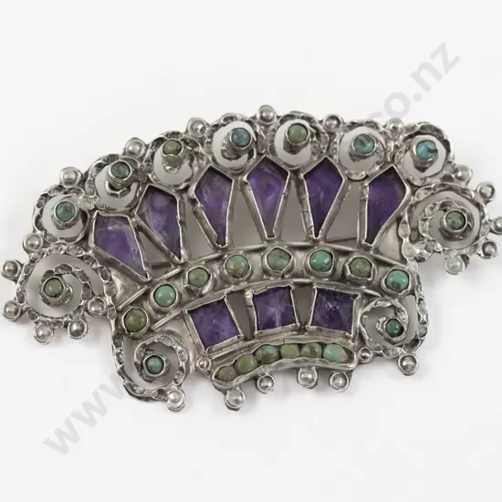Mexican Jeweller Matilde Poulat Vintage .925 Sterling Silver Amethyst and Turquoise Brooch