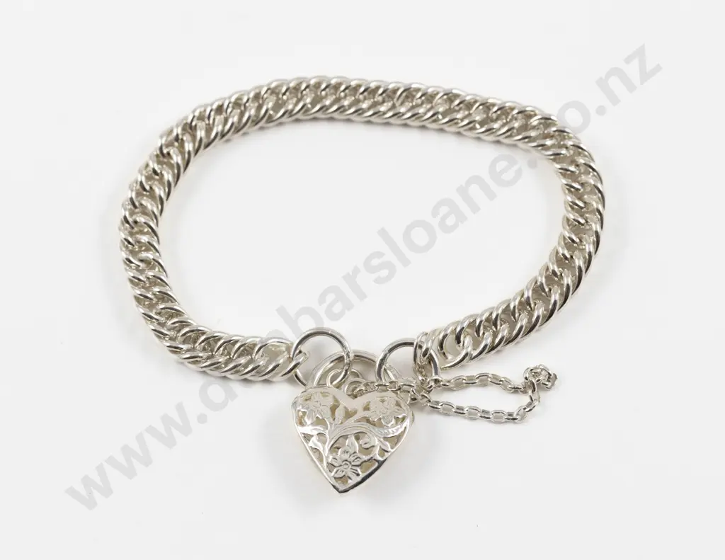 S/S Fancy Curb Link Bracelet with Heart Padlock Clasp Image 1++