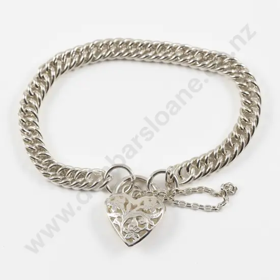 S/S Fancy Curb Link Bracelet with Heart Padlock Clasp