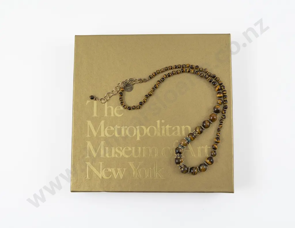 Metropolitan Museum of Art Single Strand Tiger Eye and Silver Gilt Beaded Necklace Image 1++