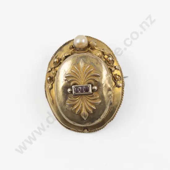 Victorian 9ct Garnet and Pearl Photo Locket Brooch