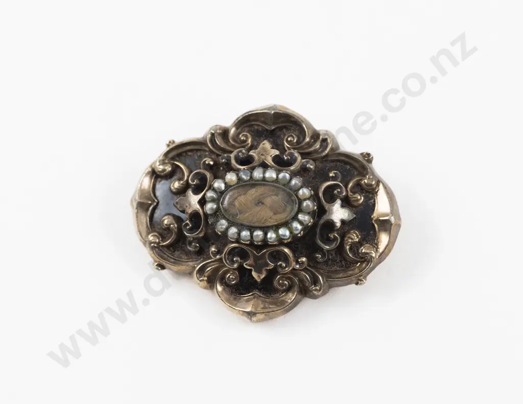 Victorian Gold Hair Plait Pearl Mourning Brooch Image 1++