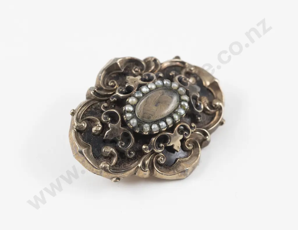 Victorian Gold Hair Plait Pearl Mourning Brooch Image 1++