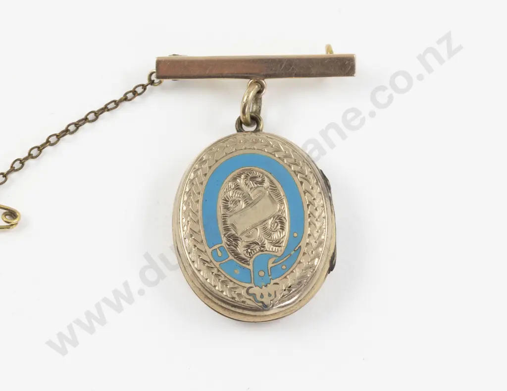 Victorian Gold Plated and Enamel Oval Photo Locket on 9ct Bar Brooch Image 1++