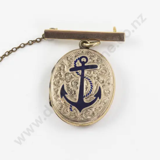 Victorian Gold Plated and Enamel Oval Photo Locket on 9ct Bar Brooch