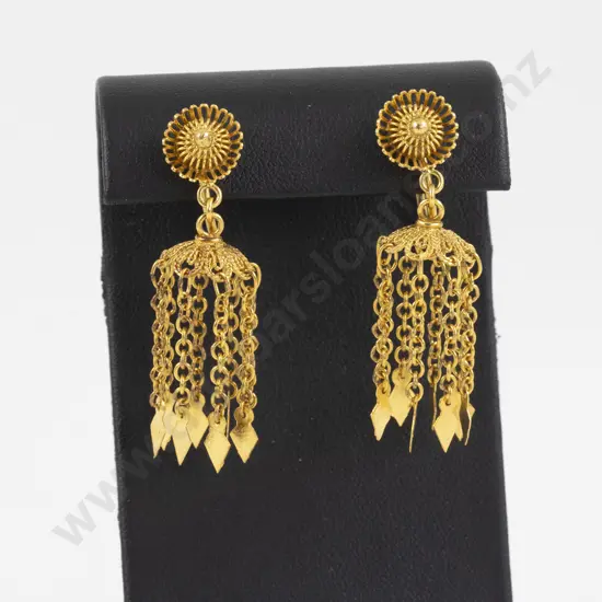 Pair 14ct Fancy Tassel Pendant Drop Earrings
