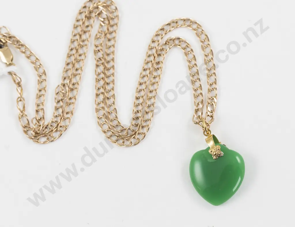 9ct Fancy Curb Link Neck Chain with Heart Shape Chrysoprase Pendant Image 1++