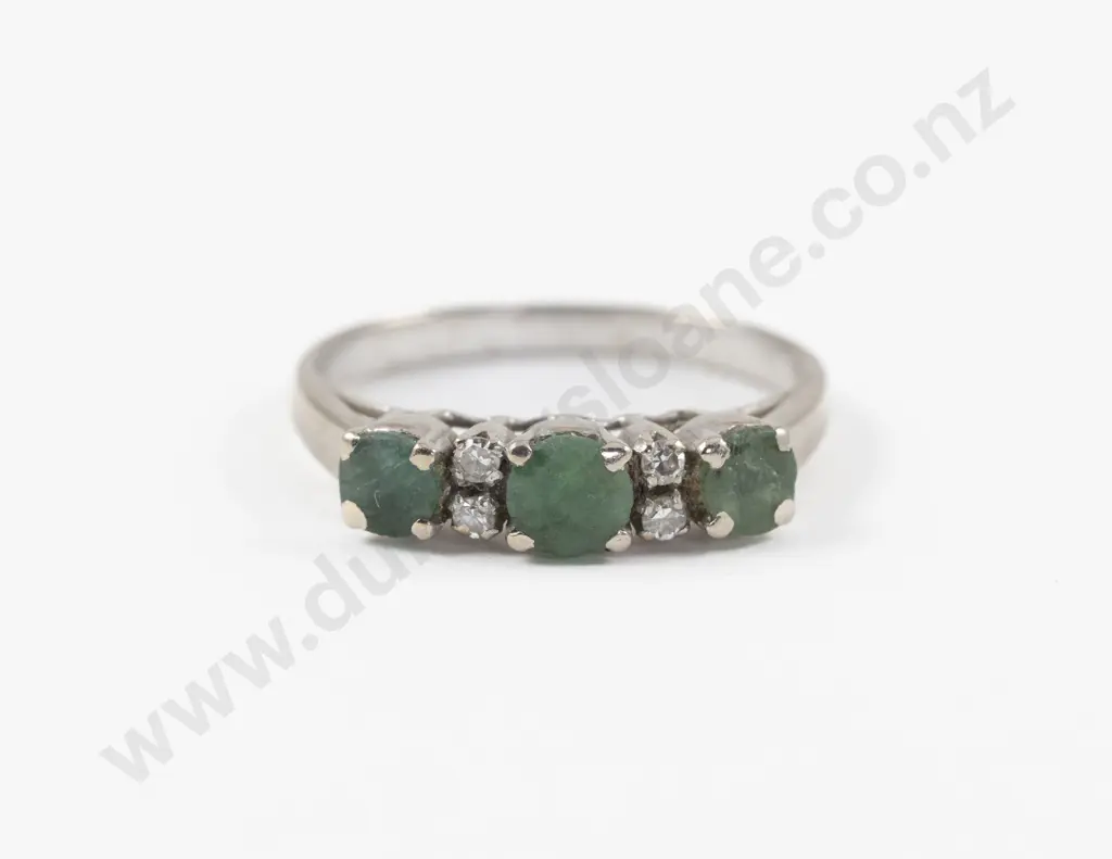 14ct White Gold Seven Stone Chrysoprase and Diamond Bridge Ring Image 1++