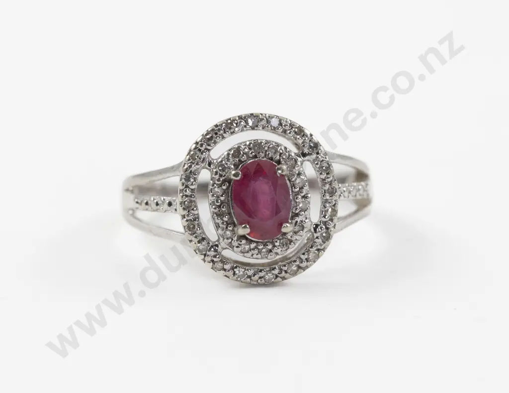 10ct White Gold 36Stone Imitation Ruby and Diamond Cluster Ring Image 1++