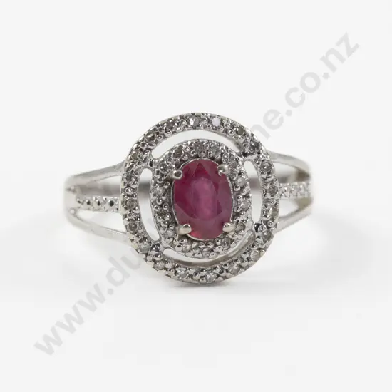 10ct White Gold 36Stone Imitation Ruby and Diamond Cluster Ring