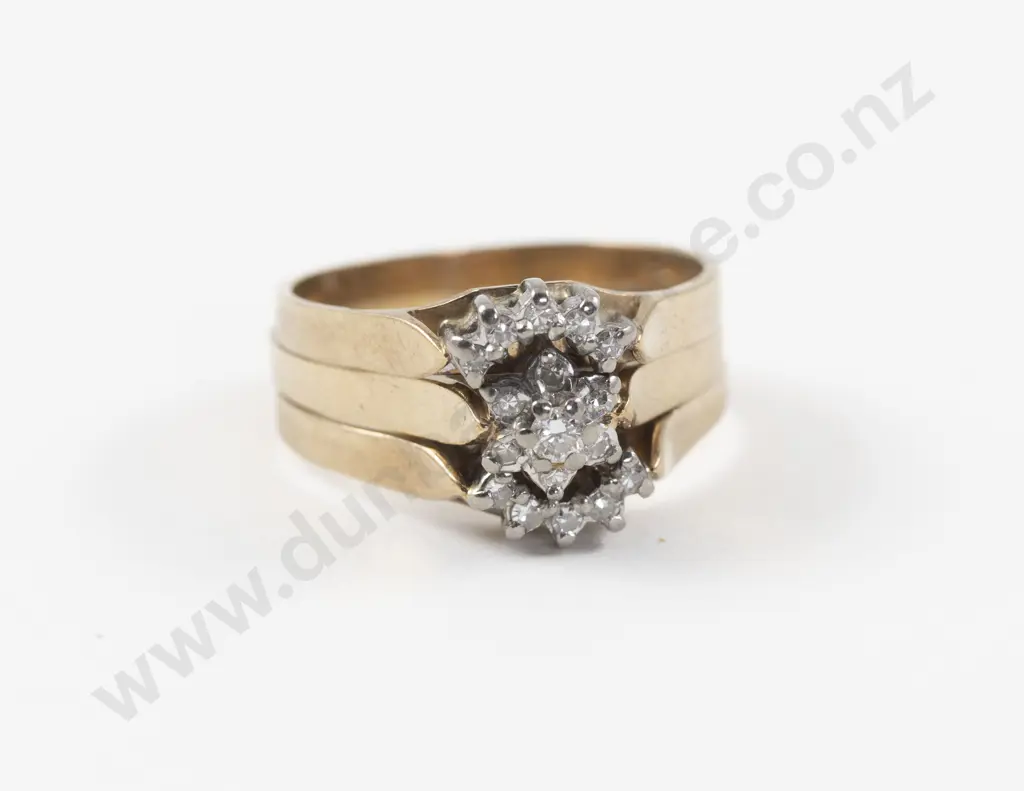 9ct Seven Stone Diamond Cluster Ring with Two 9ct Curved Diamond Bands Image 1++