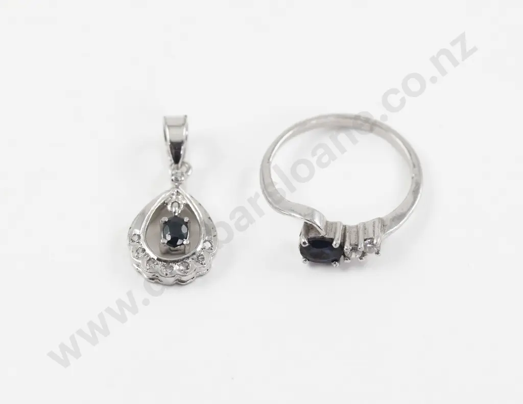 9ct White Gold Three Stone Sapphire and Diamond Paste Ring Image 1++