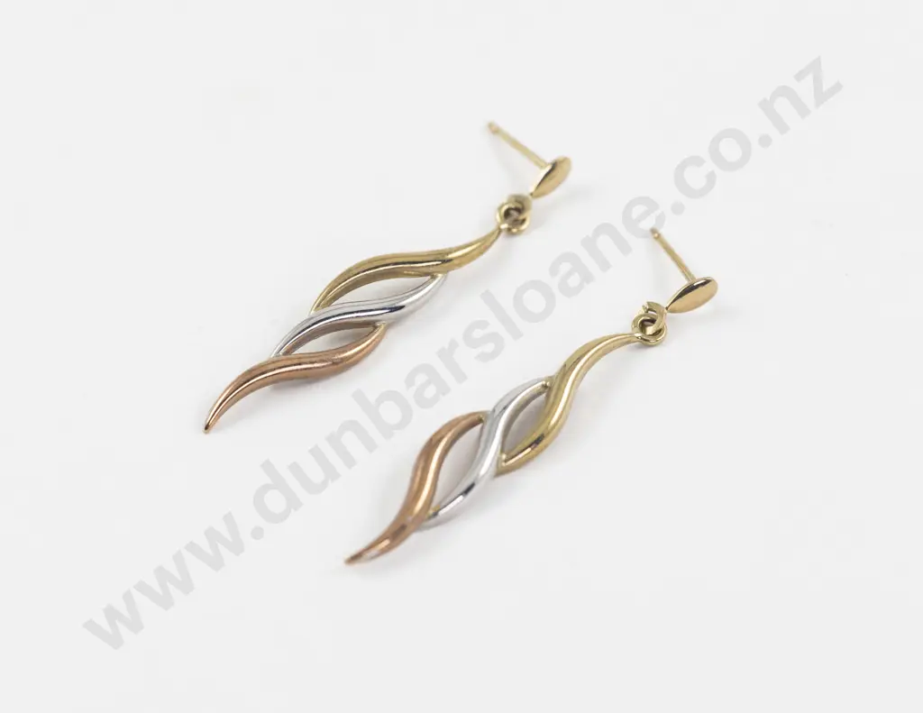 Pair 9ct Tri-Colour Gold Pendant Drop Earrings Image 1++