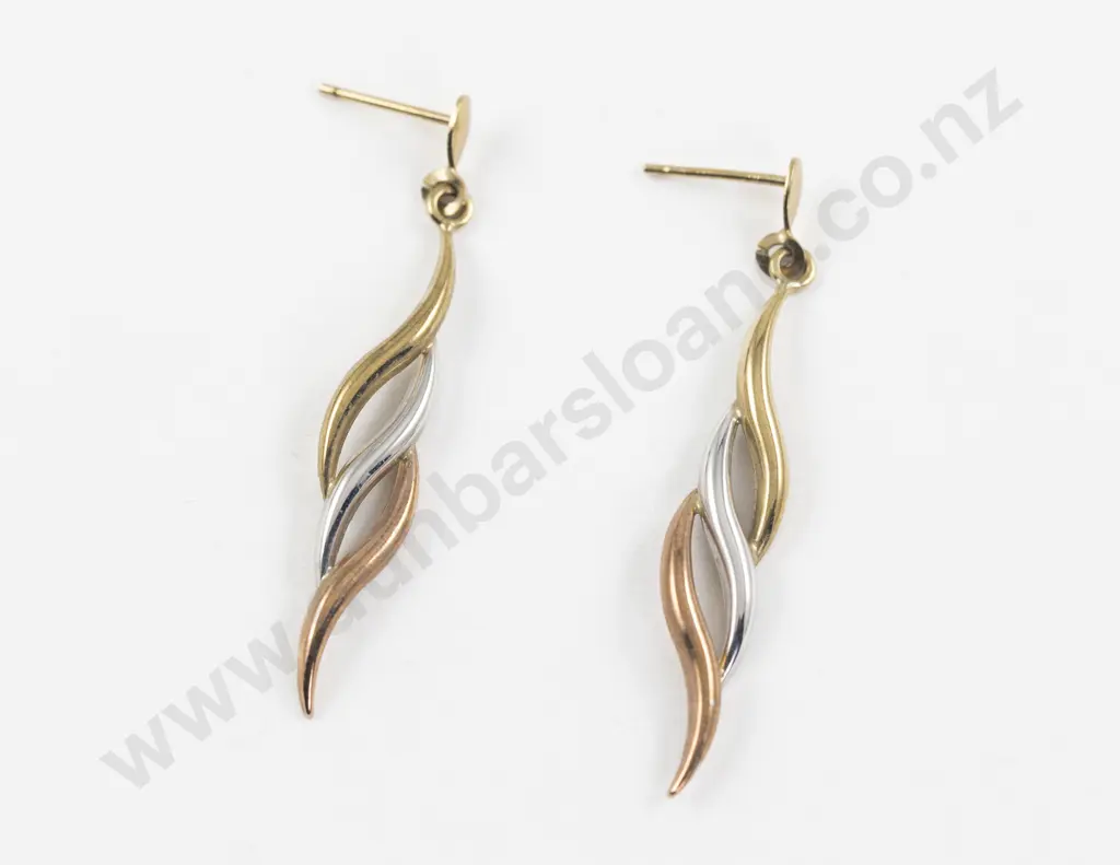 Pair 9ct Tri-Colour Gold Pendant Drop Earrings Image 1++