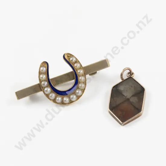 Victorian 9ct Enamel and Pearl Lucky Horse Shoe Bar Brooch