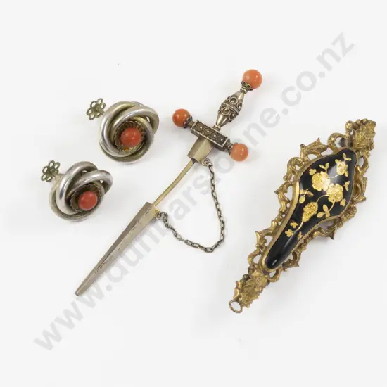 Victorian Gilt Metal and Black Enamel Floral Brooch