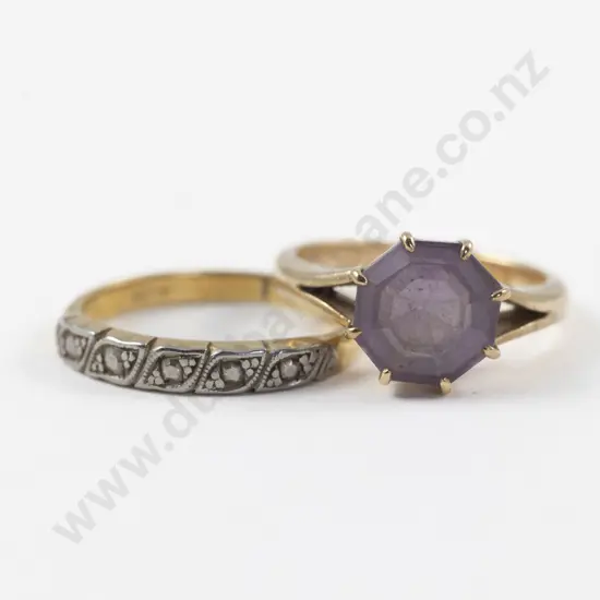 18ct Engraved Band Ring and 9ct Single Amethyst Ring