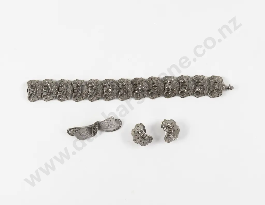 S/S and Marcasite Bracelet Brooch and Earring Set Image 1++