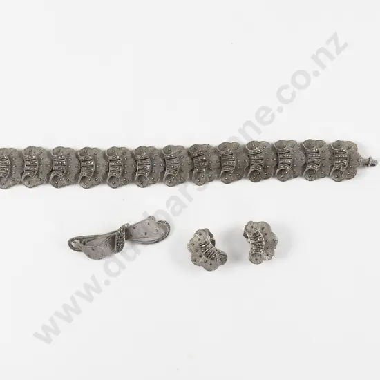 S/S and Marcasite Bracelet Brooch and Earring Set