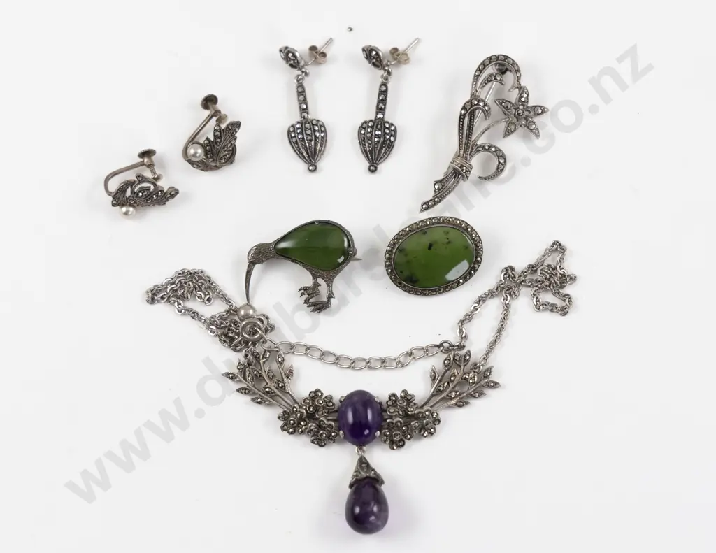 Two NZ S/S Marcasite and Greenstone Brooches with Assorted S/S Marcasite Jewellery Image 1++