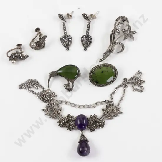 Two NZ S/S Marcasite and Greenstone Brooches with Assorted S/S Marcasite Jewellery