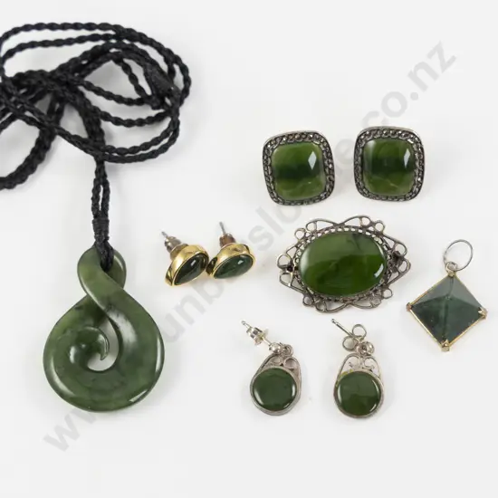 Pair S/S and Marcasite Greenstone Stud Earrings with Assorted Greenstone Jewellery
