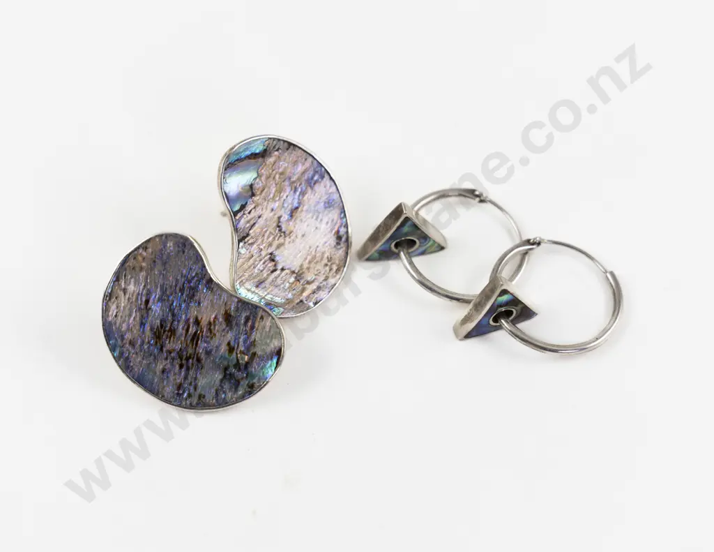 Possible NZ Jeweller S/S and Paua Hoop Pendant Drop Earrings Image 1++